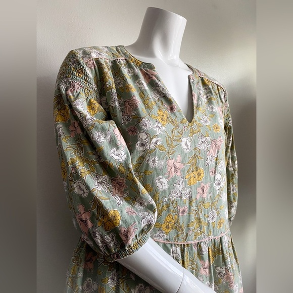 Cynthia Rowley Linen Babydoll Dress Puff Sleeves Floral Boho Green Pink Resort M - Picture 5 of 11